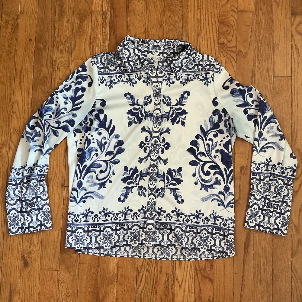 Rachel Zoe GORGEOUS Indigo Blue & White Bohemian BOHO Scroll Textured Top Medium